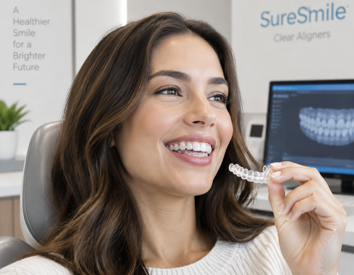 Patient smiling while holding a clear dental aligner for Orthodontics in Hialeah.