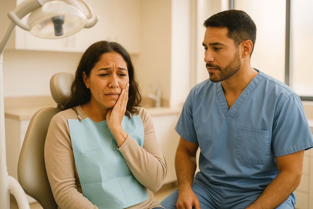 Hispanic woman with dental pain being comforted by a dentist during an emergency visit at a modern dental clinic in Hialeah.