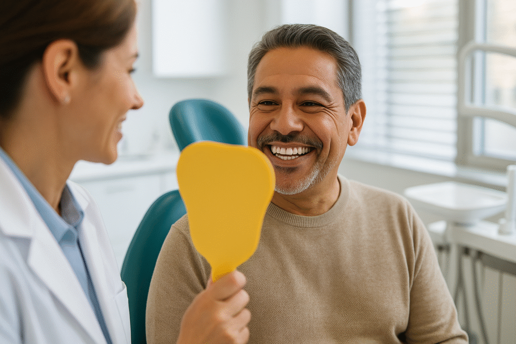 Middle-aged Hispanic man smiling after restorative dental treatment in a modern dental office in Hialeah.