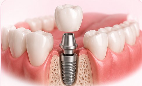 Close-up of a single-tooth dental implant restoration.