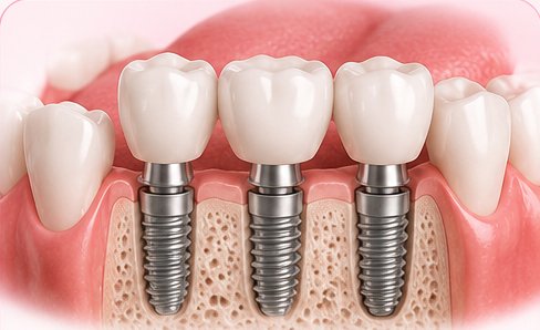 Multiple dental implants replacing several missing teeth.
