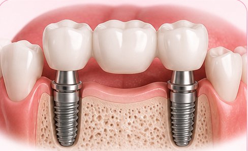 An implant-supported bridge for restoring a row of teeth.
